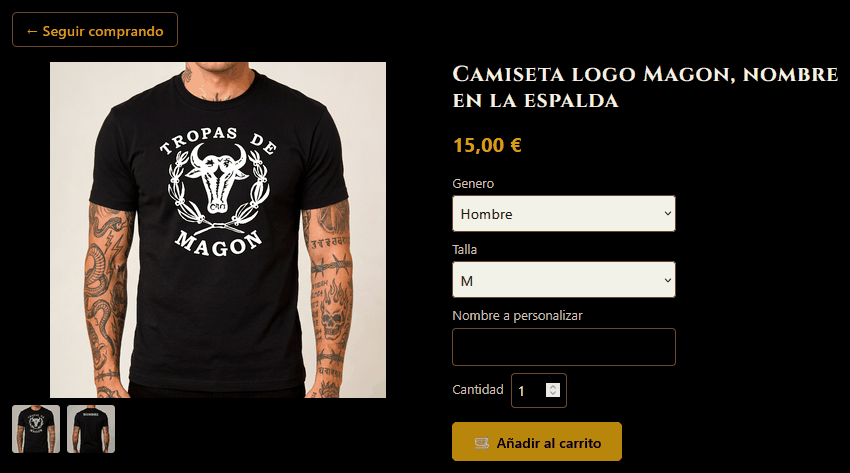 La tienda interna, con tallas y personalización